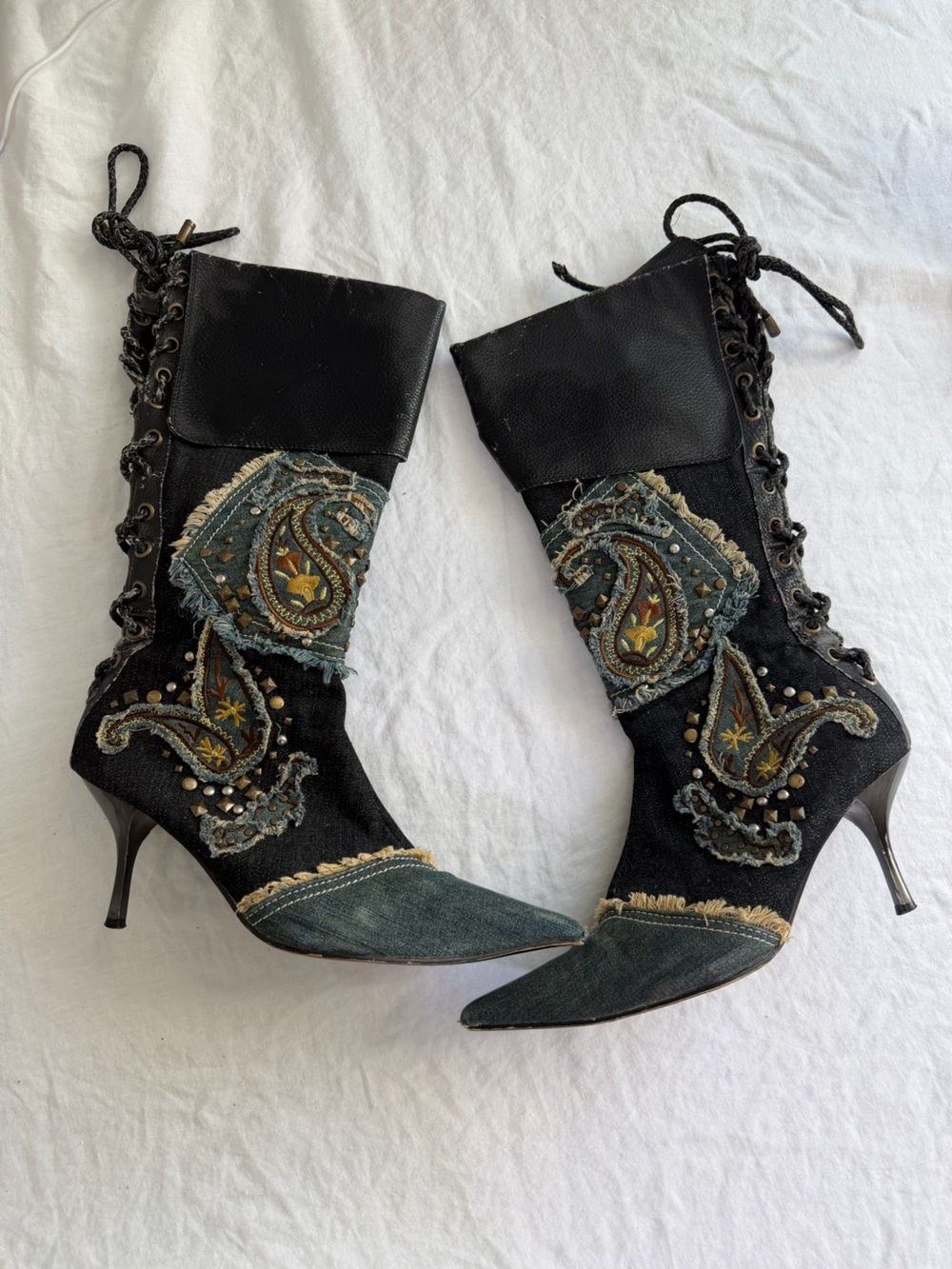 Vintage El Dantes Boots Bohemian Denim Embroidered Patch Boots